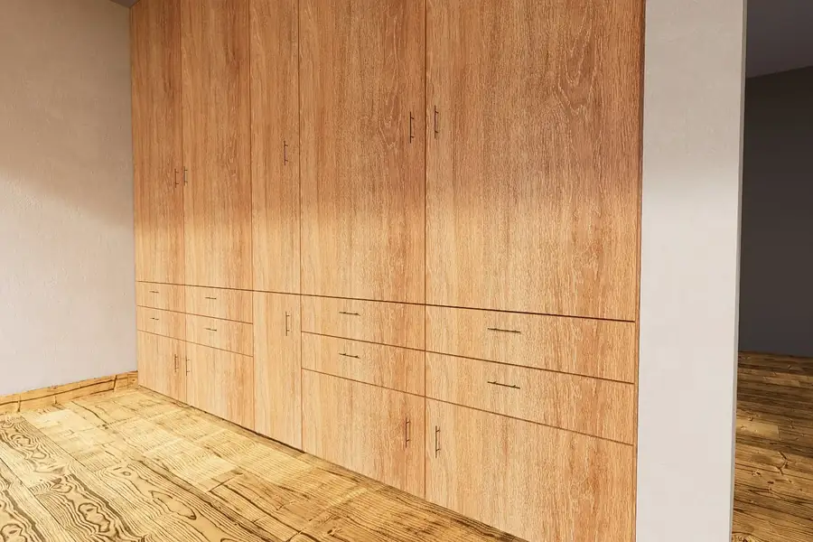 Render fotorrealista del closet a medida aprobado por el cliente antes de fabricar