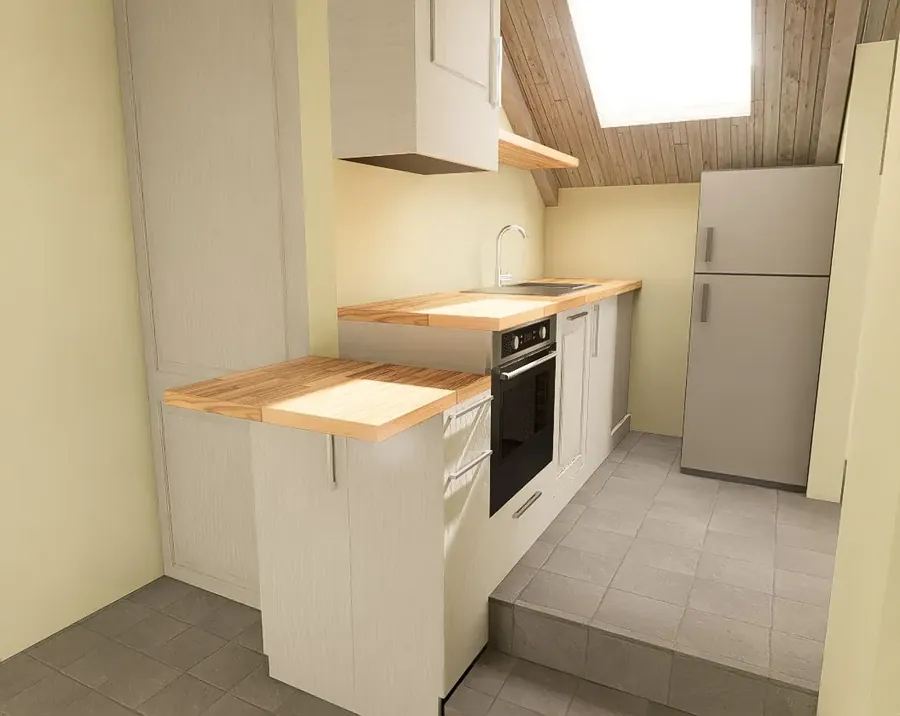 Render del frente de la cocina a medida con isla central