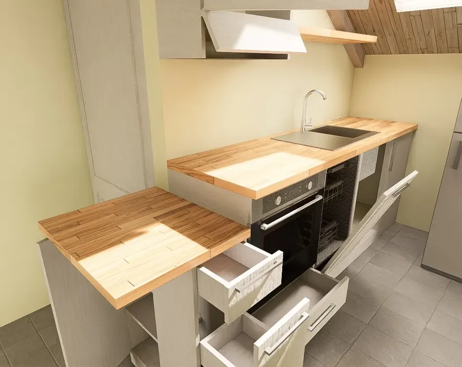 Render fotorrealista de cocina a medida realizado por el arquitecto Shmuel Nyssen