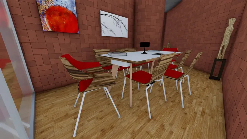Render de mobiliario para biblioteca con iluminación natural
