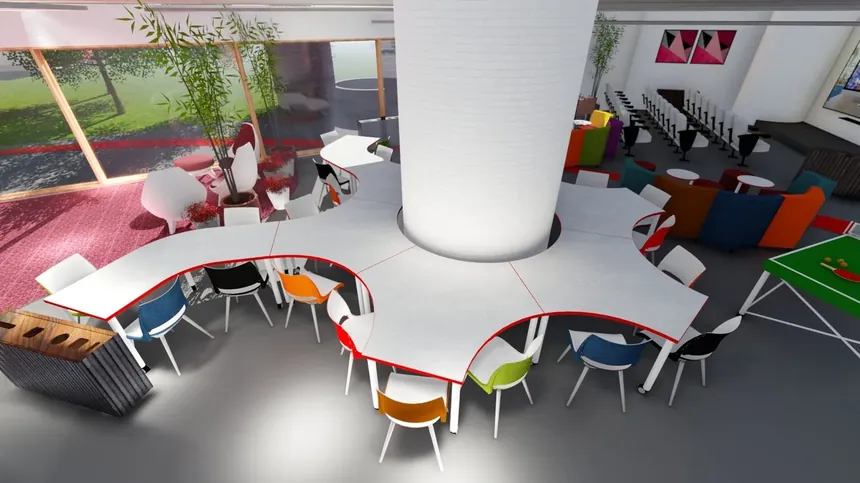 Render de mobiliario en contexto para un espacio colectivo