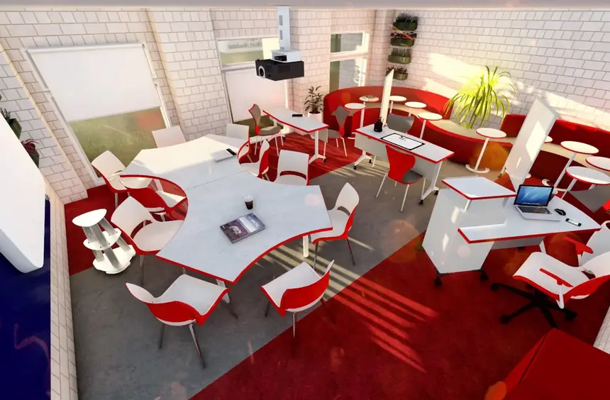 Render fotorrealista de mobiliario comercial instalado en un lounge