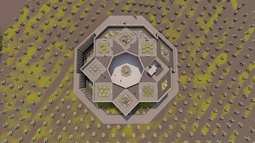 Vista aérea renderizada del proyecto arquitectónico Casa del Agave